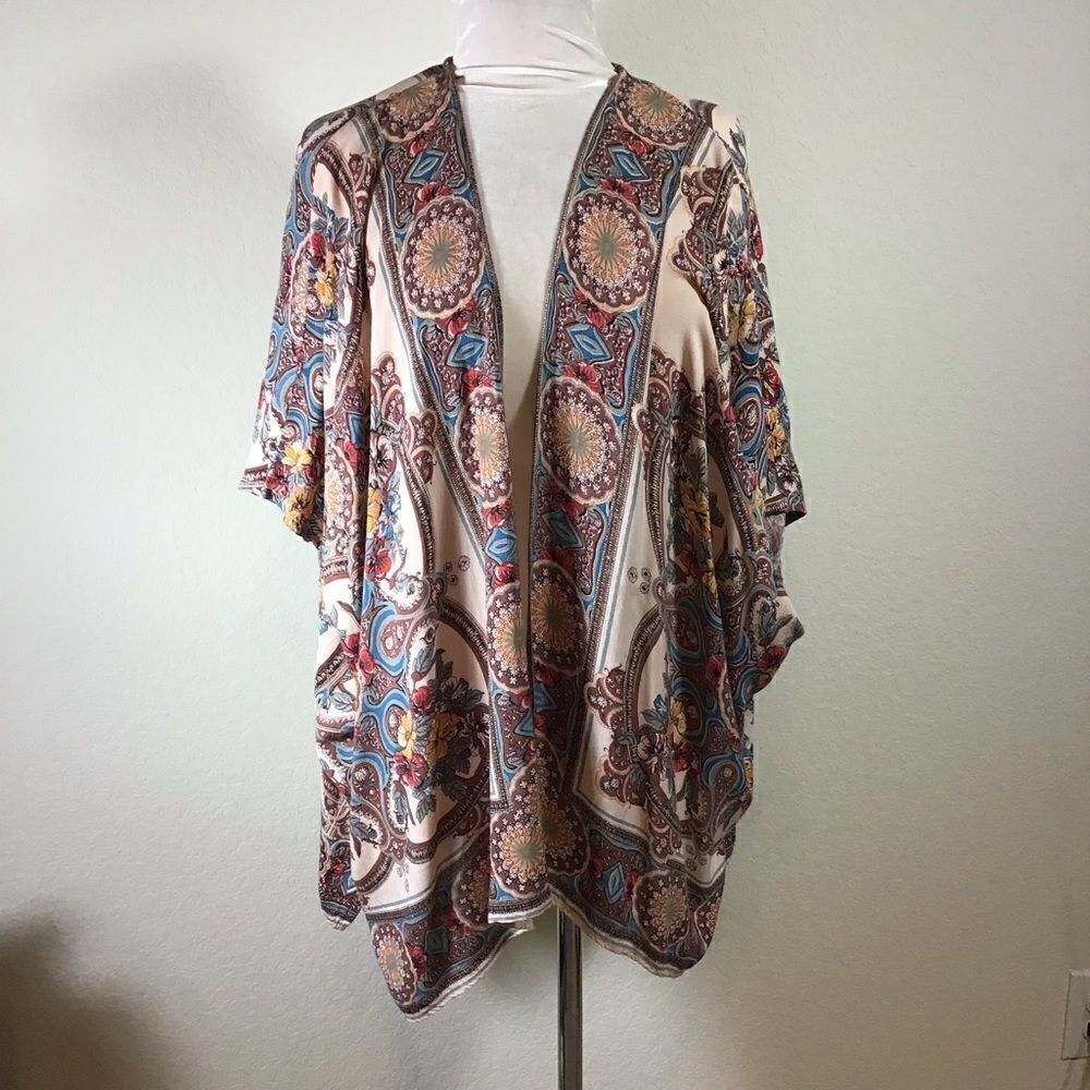 Angie Paisley Boho Kimono Open Front Floral Medallion Fall Duster Shrug Large - Picture 5 of 9